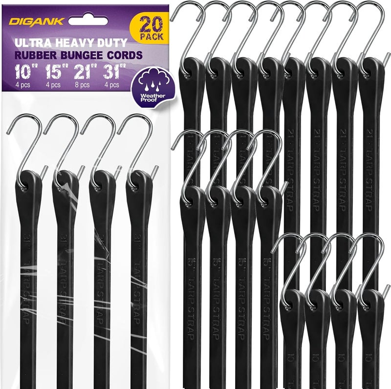 Digank Bungee Cords with Hooks (20 Pack) Heavy Duty Outdoor Rubber Tarp Straps in 10", 15", 21", 31" Sizes, Crimped S Hooks for Securing Cargo, Bikes, Camping Gear, Luggage - Max Stretch 1.5X, Load 180 lbs - Image 1